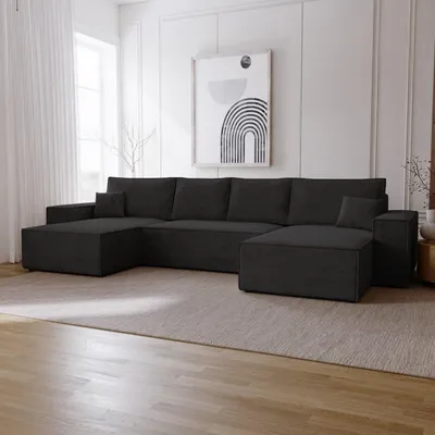 Produktbild von Ecksofa U Form mit Schlaffunktion Bergamo - Eckcouch 375 cm mit Bettkasten, Schlafsofa U Schwarz (Amor Velvet 4322)