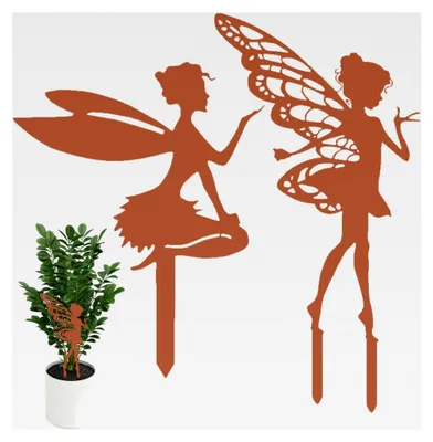 Produktbild von Gartenstecker Elfe Feen 2er Set - Rostoptik Deko für Garten, Terrasse, Balkon - Feenfiguren mit Flügeln - Pflanzenstecker - Metall Dekoration