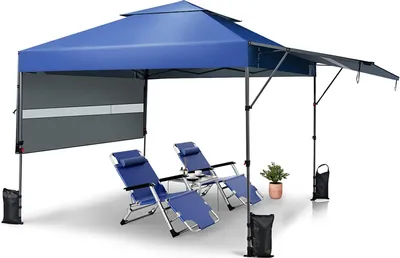 Immagine prodotto di Gazebo pieghevole con doppia tettoia, altezza regolabile, prolunghe laterali regolabili e montanti in metallo, protezione UV 50+, gazebo da giardino impermeabile con borsa per il trasporto (blu)