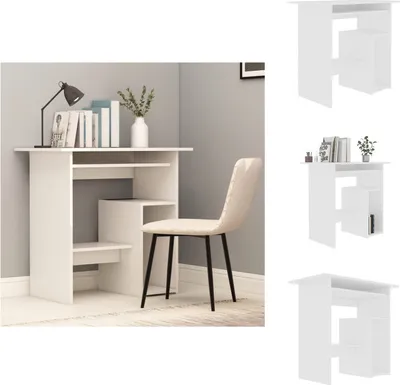 A white desk with shelves and a chair in a room.