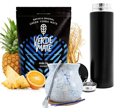 Produktbild von Verde Mate - Mate Tee Set Mas IQ 500g - Yerba Mate Luftgetrocknet, 5mm Grobe Blätter - LED Termos 480ml Temperaturanzeige, Mate Becher 375ml
