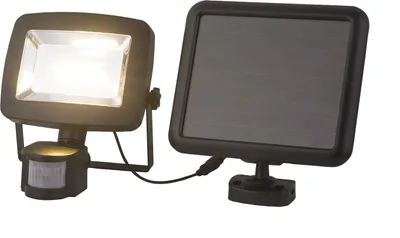 A solar-powered floodlight with a motion sensor and a separate solar panel, shown against a white background.
