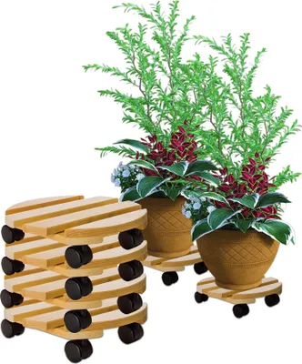 Produktbild von BigDean 4x Pflanzenroller rund Buchenholz massives Holz 30 cm bis 120 Kg Rolluntersetzer