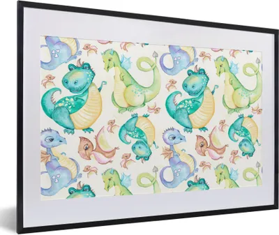 Produktbild von MuchoWow® Gerahmtes Poster Dinosaurier - Aquarell - Kinder - Jungen - Mädchen - Kinder 60x40 cm - Poster mit Schwarzem Bilderrahmen Wandposter Rahmen Foto Bilder - Schlafzimmer - Plakat in Rahmen - Drucken