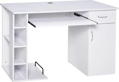 Produktbild von Ergonomischer PC-Schreibtisch mit Regalen, Schrank, Schublade und ausziehbarer Tastaturablage, wei?, 120 x 60 x 74 cm