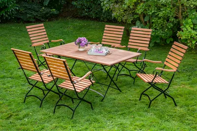 Produktbild von Merxx Gartenmöbelset Schlossgarten 7tlg. Flachstahl mit Eukalyptusbelattung schwarz, natur