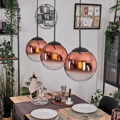 Immagine prodotto di Lampada a sospensione Gastor, lampada a 3 luci in metallo/vetro, finitura nero/rame/trasparente, design retrò/vintage (diametro circa 25 cm), attacco E27, lampada a sospensione regolabile in altezza (150 cm), ideale per sala da pranzo, soggiorno o cucina