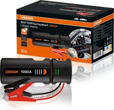 A product shot of an OSRAM BATTERYjumpstart 1000 Lithium Starter jump starter and its packaging.