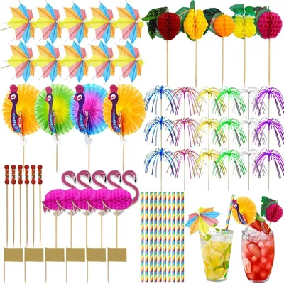 Produktbild von Cocktail Deko Party Zubehör 150 Stück Bunte Cocktail Party Dekorationen Papier Schirmchen Regenbogen Strohhalm Spieße Flamingo Pfauen Obst