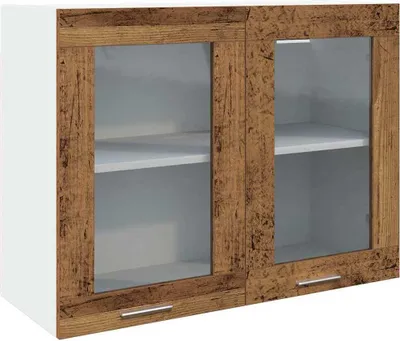 A wall-mounted cabinet with two glass doors and wooden frames.