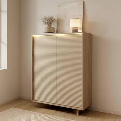 Obrázek produktu pro Vysoká komoda TORSANO, barva cappuccino, Imitace dřeva, 2 dveře, s LED osvětlením