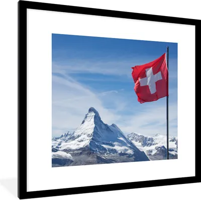 Produktbild von MuchoWow® Gerahmtes Poster Schweizer Flagge am Matterhorn in der Schweiz 40x40 cm - Poster mit Schwarzem Bilderrahmen Wandposter Rahmen Foto Bilder - Poster - Plakat im Rahmen