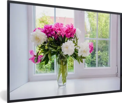Produktbild von MuchoWow® MuchoWow® Gerahmtes Poster Blumen - Pfingstrosen - Vase 30x20 cm - Poster mit zchwarzem Bilderrahmen - Kunstdruck - Bild-Poster