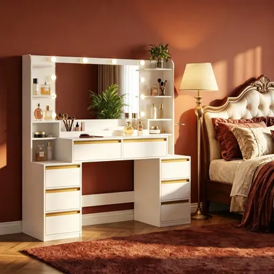 Produktbild von Fobyfurny 135cm Schminktisch mit Großer Spiegel, Weiß-Gold | Schminktisch mit Frisiertisch und Haartrocknerhalter, 8 Schubladen, Offenen Fächern
