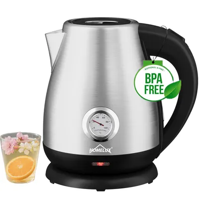 Produktbild von HOMELUX 1,7L Wasserkocher Edelstahl 2200W Retro Wasserkocher Elektrischer mit Analogem Thermometer & sichtbarer Wasserstand, LED-Beleuchtung, Silber