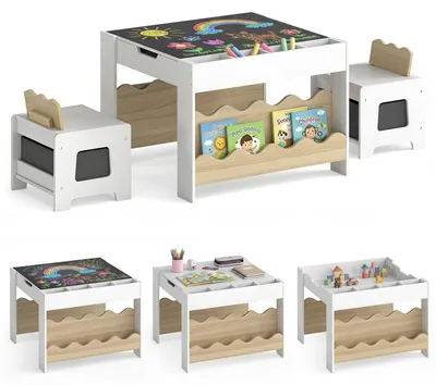 Produktbild von COSTWAY Kindertisch mit 2 Stühlen, Kindersitzgruppe, 4 in 1 Kinder Maltisch mit Tischplatte, Bücherregal & Stoffschubladen für Kinder ab 3+, Natur