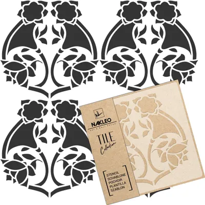 Produktbild von Tile Fliesen Schablone zum Malen 15x15 cm, Art Nouveau Deco Blume Geometrisch, Kunststoff Wiederverwendbare Bodenschablone DIY