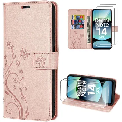 Image de Coque et 2 Verres Trempés pour Xiaomi Redmi Note 14 4G, Protection Antichoc CuirPolyuréthaneMotif Papillon - Rose