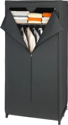 A dark gray fabric wardrobe with its doors open, revealing folded towels on the top shelf and clothes hanging on hangers below.