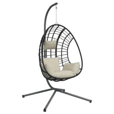 Produktbild von Hängesessel Ei-Design mit Ständer Beige Rattan und Stahl