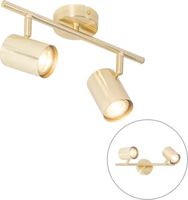 A brass-colored track light fixture with two adjustable spotlights is shown against a white background. A smaller inset image shows a similar fixture mounted on a wall.