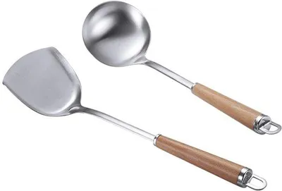 Produktbild von Ibenzoa® 2‑teiliges Küchenhelfer-Set aus Edelstahl 304 mit Holzgriffen – Wokspatel 37,5×10 cm & Suppenkelle 35,5×9,6 cm, hitzebeständig, spülmaschinengeeignet