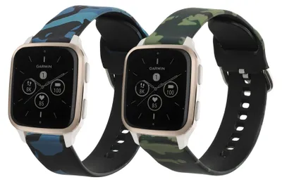 Produktbild von kwmobile Armband kompatibel mit Garmin Venu Sq 2 Music / Sq 2 - 2x Fitnesstracker Sportarmband aus TPU und Silikon - Camouflage Schwarz Hellgrün