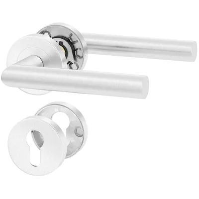 A set of brushed stainless steel door handles and a keyhole escutcheon on a white background.