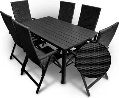 A black outdoor dining set with a table and six chairs, shown on a white background. A close-up of the rattan weave texture is inset in the lower right corner.