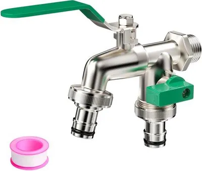 Produktbild von Ibenzoa® Messing-Außenwasserhahn mit Doppel-Ausgang und Kugelhahn, 12 inch Anschluss, 2×3/4 inch Auslässe, universal für Garten & Fahrzeugwäsche