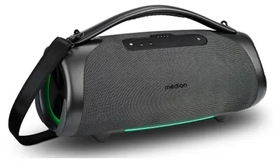 Image de MEDION P61768 Haut-parleur portable Bluetooth (batterie, Bass Boost, boîte à musique, effets lumineux RGB, protection contre l'eau IPX7 & robuste, powerbank intégré, 100W (RMS) total, 2X 25W + 50W) Anthracite