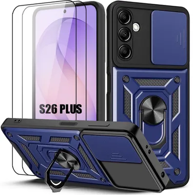 Image de Coque + 2 Verres Trempés pour Samsung Galaxy S26 Plus, Antichoc avec Anneau Rotatif - Bleu Marine