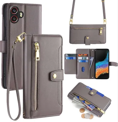 Produktbild von Handykette Samsung Hülle mit Band Handyhülle Kartenfächer Kunstleder Umhängetasche Galaxy Xcover 6 Pro Grau
