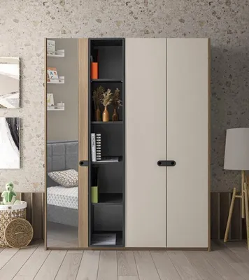 Produktbild von Kleiderschrank Modern Spiegel Offene Regalfächer Stilvolle Ordnung Kinderzimmer