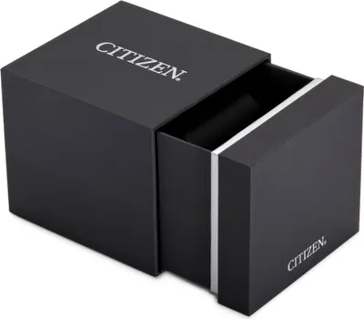 A black Citizen watch box, partially open, revealing the interior.
