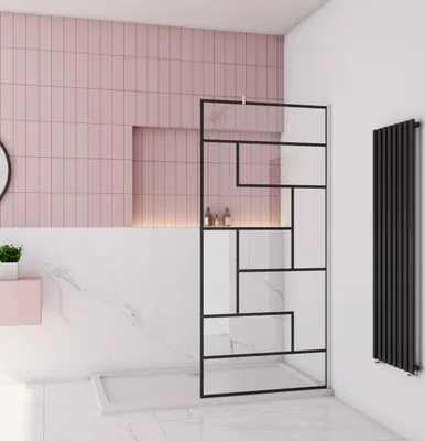 A modern bathroom with pink tiled walls, marble accents, and a black framed glass shower screen.