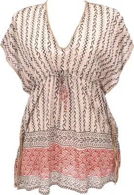 Produktbild von Leichter Kaftan mit Perlenbordüre, Boho XL Tunika, Strandtunika - Schwarz/rot, Damen, Baumwolle, Blusen & Tunikas