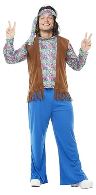 Produktbild von Funidelia Hippie Kostüm für Herren mit Hemd, Weste, Hose und Stirnband, 60er Jahre Outfit für Erwachsene Jahrzehnte, Karneval, Halloween und Junggesellenabschied – Größe M