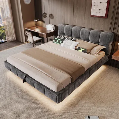 Image de Lit tapissier 140x200 cm avec ports USB et Type-C, lit coffre hydraulique avec revêtement en similicuir, lit double pour adolescents avec rangement, lit hydraulique en velours, couleur gris