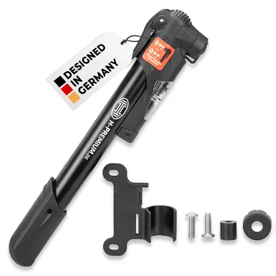 Produktbild von HEYNER® Luftpumpe mit Manometer mit 8 bar kompakte Fahrradpumpe mit tauschbarem Ventil und Halterung Rahmenpumpe