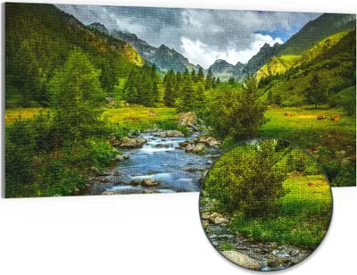 Produktbild von DEQORI Hybrid Leinwand Bild 100x50 cm 'Idyllischer Bergfluss' Wandbild Glas flach modern