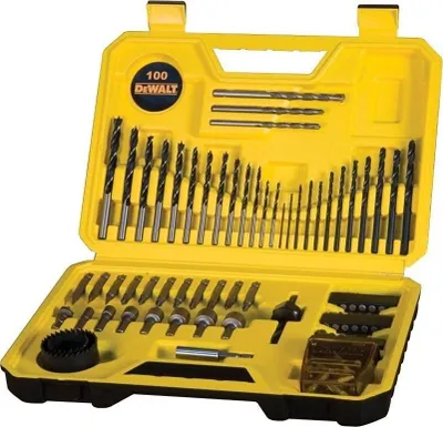 A yellow and black DeWalt drill bit and hole saw set case, open to reveal the contents.