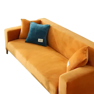 Produktbild von Elastischer Sofaüberwurf, Vollschutz aus Samt, rutschfest, Staubschutz, modernes Design – Orange, 3-Sitzer geeignet für 190–230 cm Sofas