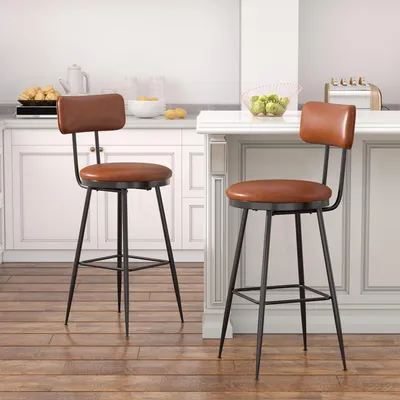 Produktbild von Fortuna Lai Barhocker 2er-Set mit Rückenlehne, Barstühle mit Kunstlederpolsterung, Küchenstühle mit Fußstütze, für Küche, Wohnzimmer, Bar, einfache Montage, Braun