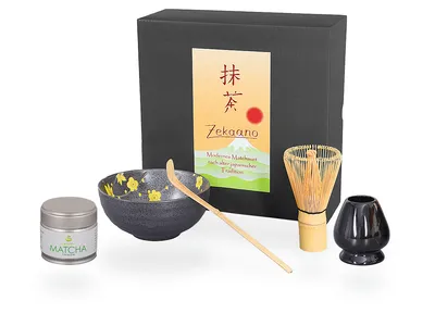 Produktbild von Matcha Set / Matchaset / Matcha Schale 250ml, anthrazit/gelb mit Besen/Löffel/Halter/Tee in Geschenkbox