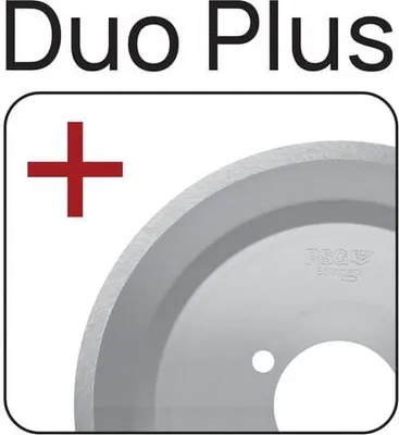 A close-up of a silver cutting blade with a red plus sign to the left, set against a white background. The text 'Duo Plus' is at the top.