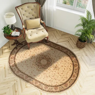 Produktbild von Teppich Oval Wohnzimmer Schlafzimmer Kurzflor Klassisch Design Beige Braun  140 x 190 cm