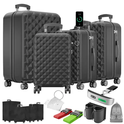 Produktbild von ONBEST Hartschalen Koffer Set | 4-teilig | Schwarz | mit TSA-Schloss | USB-Anschluss | viel Zubehör | 360° Doppelrollen
