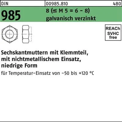Obrázek produktu pro Šestihranná matice DIN 985 s upínacím dílem M 6 8 (=M 5 = 6/8 ) galvanicky pozinkovaná