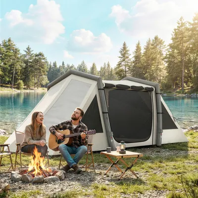 Produktbild von Aufblasbares Zelt 4 Personen, Luftzelt Campingzelt 3-Raum-Layout, Oxford TPU wasserdicht, Khaki | 580 x 270 x 202 cm | 3000 mm | 5-Min-Aufbau